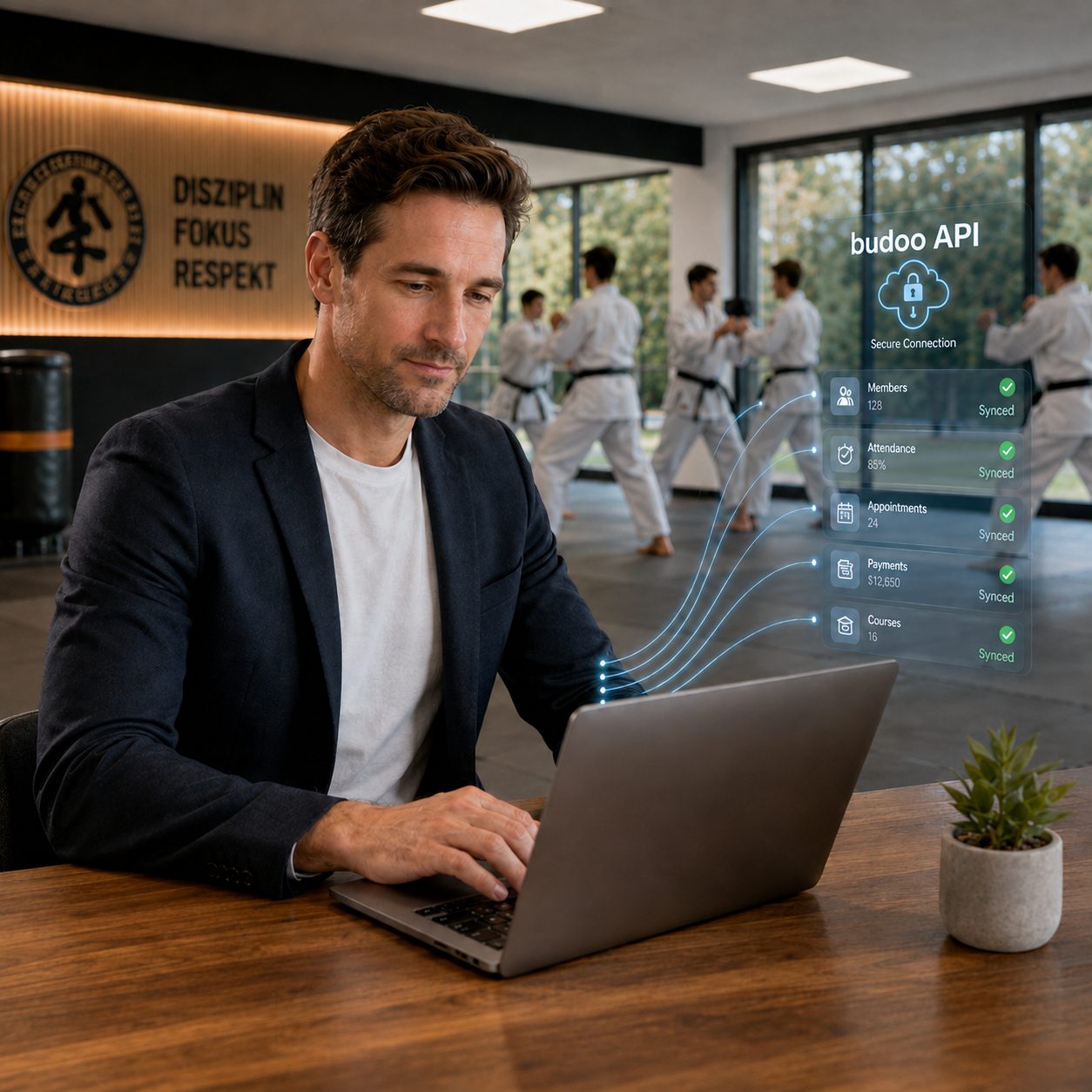 Schulleiter am Laptop mit budoo API Schnittstelle im Dojo