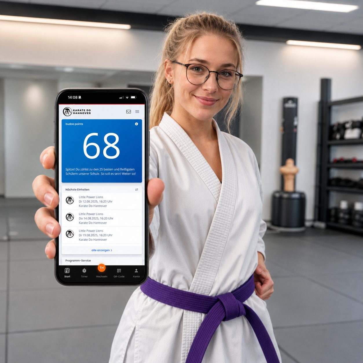 Karateschülerin zeigt die budoo App mit budoo points auf dem Smartphone