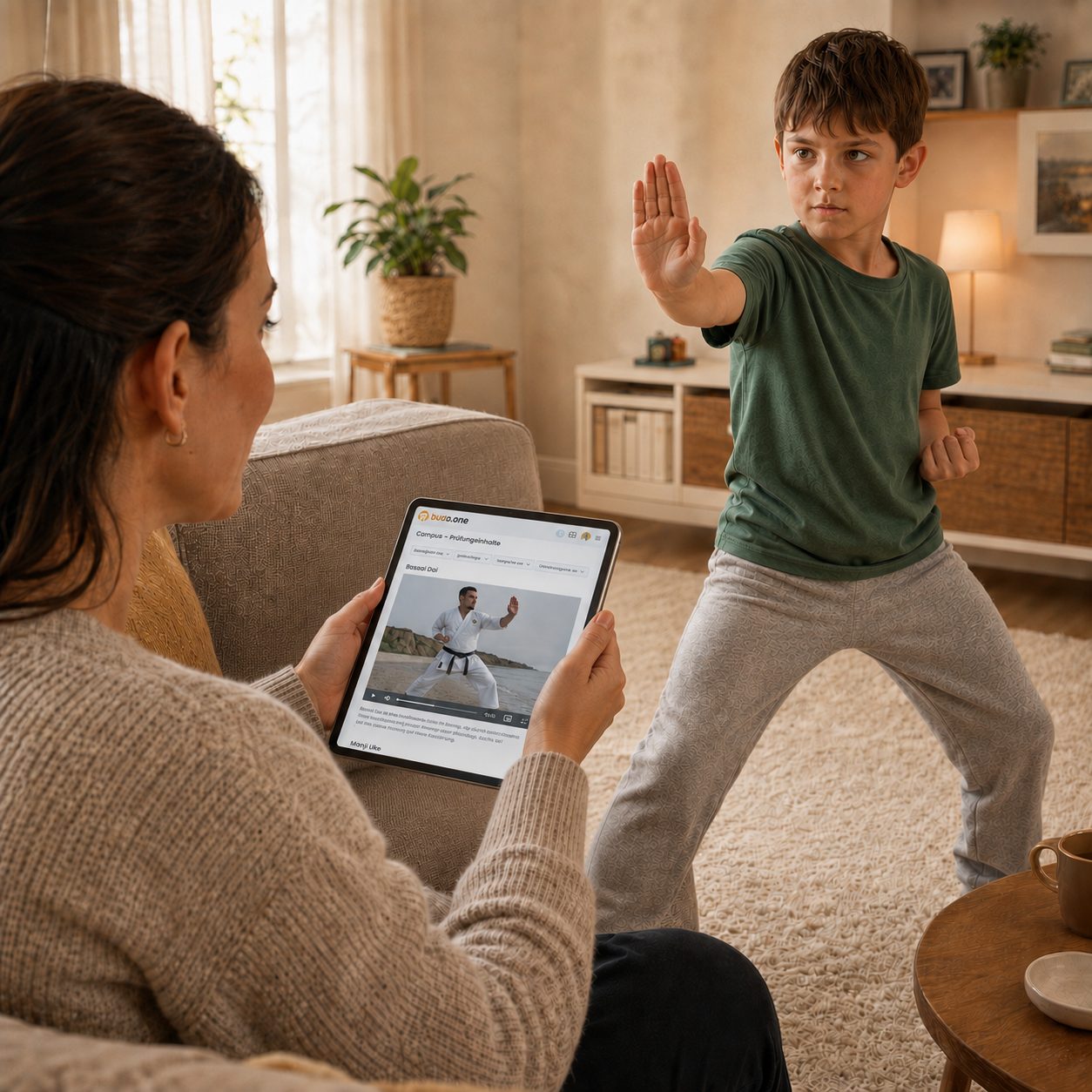 Mutter und Kind üben zu Hause mit dem budoo Campus auf einem Tablet