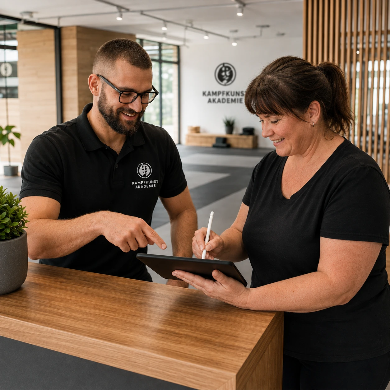 Trainer und Mitglied unterschreiben den Vertrag digital auf dem Tablet an der Rezeption