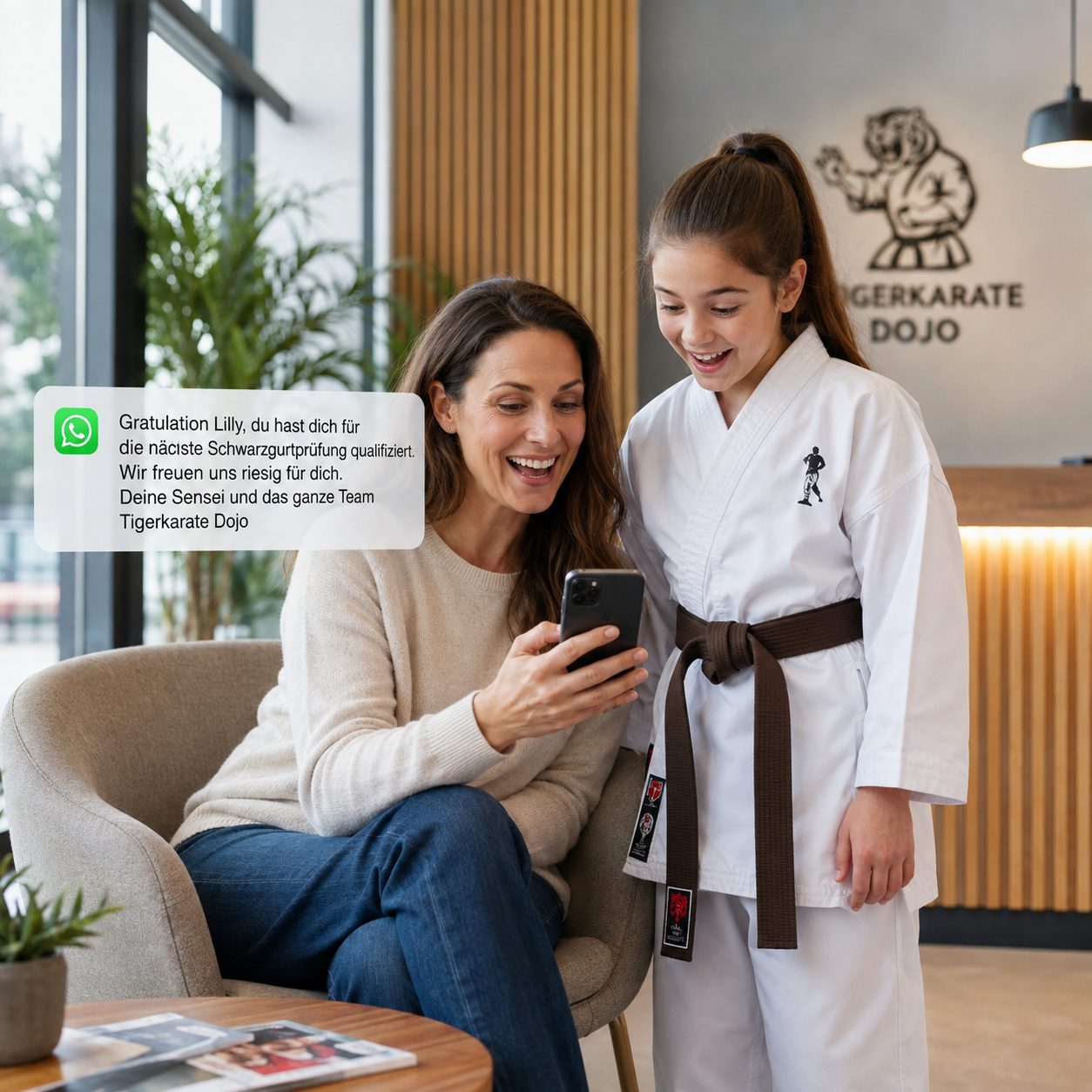 Mutter und Tochter freuen sich über eine WhatsApp-Nachricht aus dem Dojo