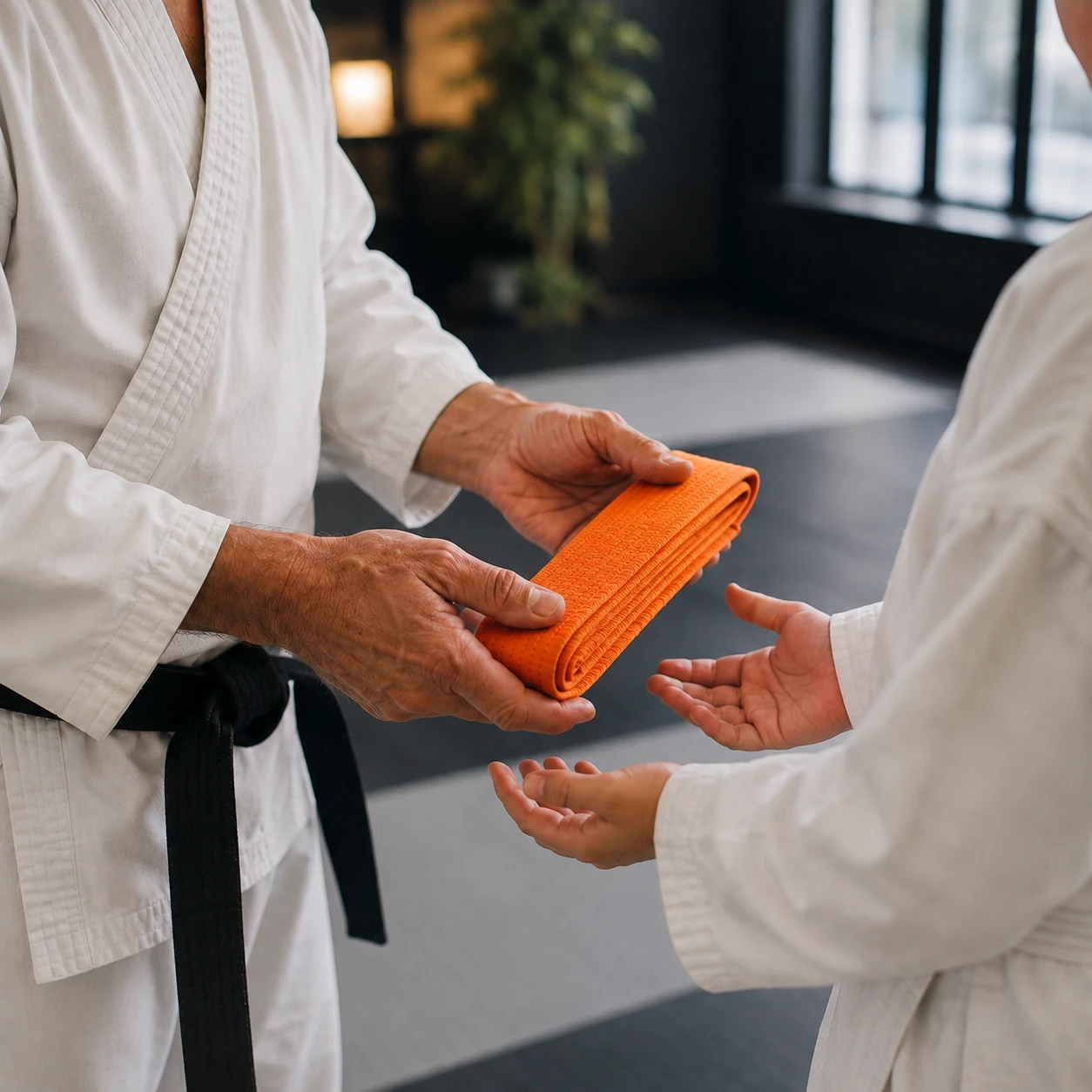Meister mit Schwarzgurt überreicht einem Schüler nach bestandener Prüfung den orangen Gürtel